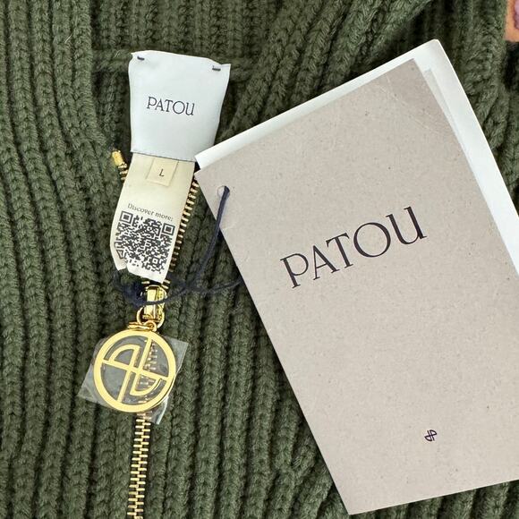 Patou 100% wool Sailor Collar Sweater 1/2 zip cropped army green size large L - Picture 11 of 14